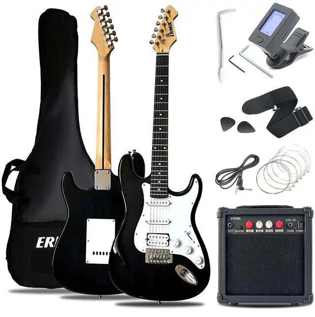 Main image of Solid Body Electric Guitar Kit with Amp 20W, Strings, Strap, Digital Tuner, Picks, Gig Bag, Cable, Tremolo Bar, 39" Full Size Guitar HSS Pickups Guitarra Electrica Beginner Gift - Black