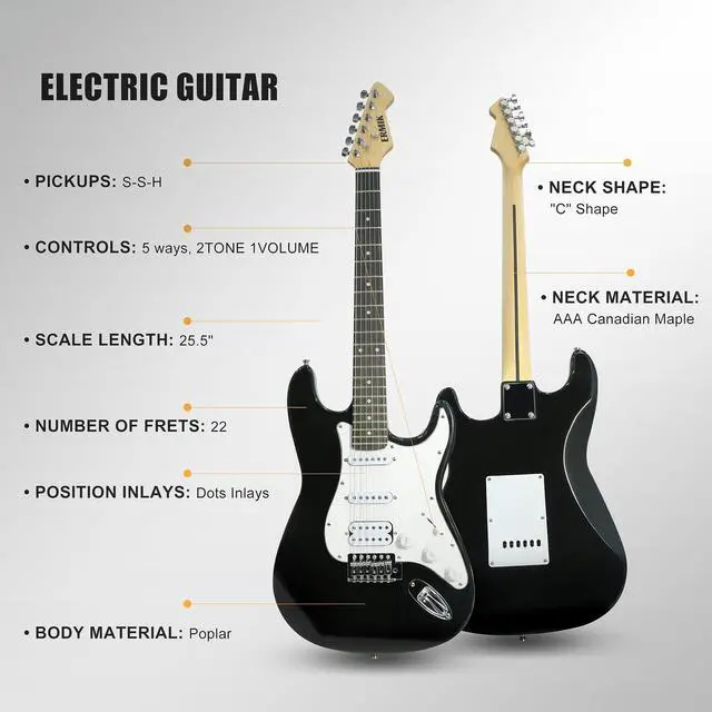 Alt view image 3 of 6 - Solid Body Electric Guitar Kit with Amp 20W, Strings, Strap, Digital Tuner, Picks, Gig Bag, Cable, Tremolo Bar, 39" Full Size Guitar HSS Pickups Guitarra Electrica Beginner Gift - Black