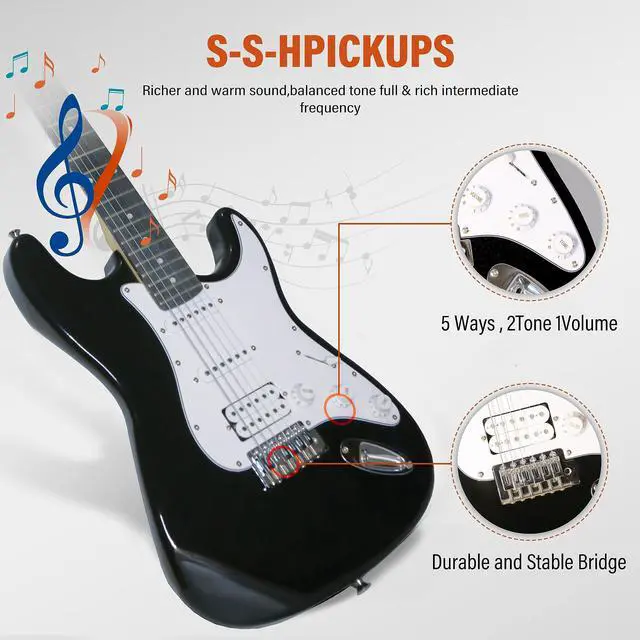 Alt view image 2 of 6 - Solid Body Electric Guitar Kit with Amp 20W, Strings, Strap, Digital Tuner, Picks, Gig Bag, Cable, Tremolo Bar, 39" Full Size Guitar HSS Pickups Guitarra Electrica Beginner Gift - Black