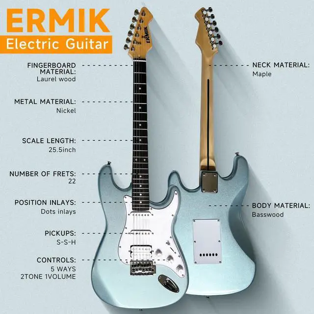 Alt view image 2 of 7 - Solid Body Electric Guitar Kit with Amp 20W, Strings, Strap, Digital Tuner, Picks, Gig Bag, Cable, Tremolo Bar, 39" Full Size Guitar HSS Pickups Guitarra Electrica Beginner Gift