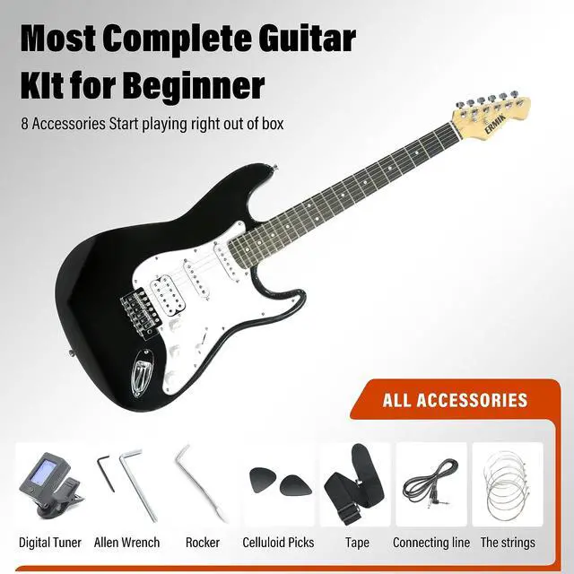 Alt view image 4 of 6 - Solid Body Electric Guitar Kit with Amp 20W, Strings, Strap, Digital Tuner, Picks, Gig Bag, Cable, Tremolo Bar, 39" Full Size Guitar HSS Pickups Guitarra Electrica Beginner Gift - Black