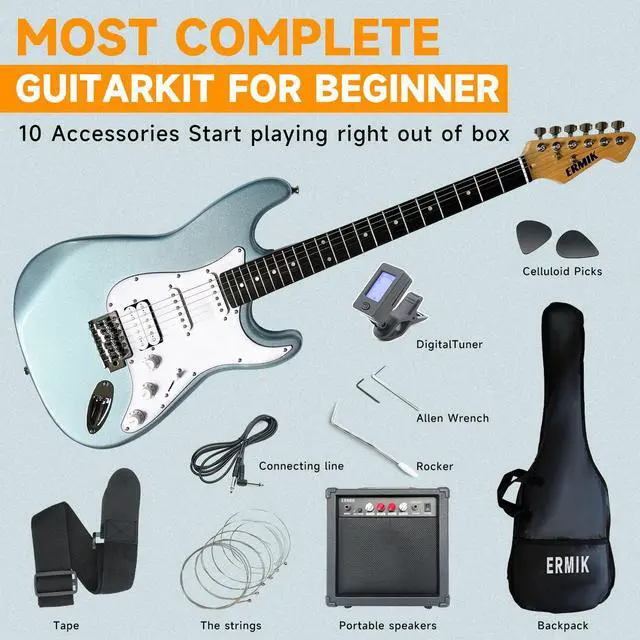 Alt view image 4 of 7 - Solid Body Electric Guitar Kit with Amp 20W, Strings, Strap, Digital Tuner, Picks, Gig Bag, Cable, Tremolo Bar, 39" Full Size Guitar HSS Pickups Guitarra Electrica Beginner Gift
