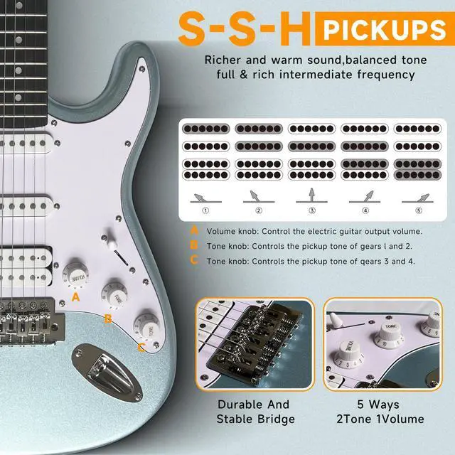 Alt view image 3 of 7 - Solid Body Electric Guitar Kit with Amp 20W, Strings, Strap, Digital Tuner, Picks, Gig Bag, Cable, Tremolo Bar, 39" Full Size Guitar HSS Pickups Guitarra Electrica Beginner Gift