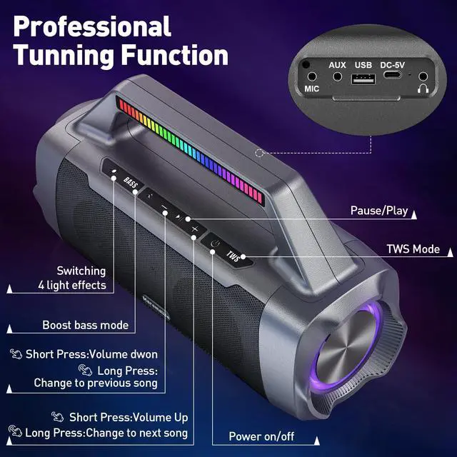 Alt view image 7 of 7 - Karaoke Machine with Two Wireless Microphones,Portable Bluetooth Speaker for 100W Stereo Sound, IPX7 Waterproof Speaker with Remote Control Supports for USB,AUX,TWS,40H Playtime,BT 5.3,Rhythm Light