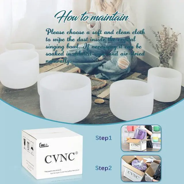 Alt view image 7 of 7 - 440HZ 8 Inch A Note Third Eye Chakra Frosted Quartz Crystal Singing Bowl Meditation Therapy Sound Healing Instrument Sound Bath Bowl with Carrying Bag Mallet and O-ring
