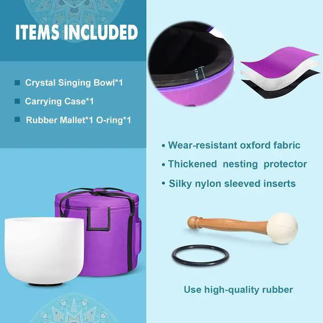 Alt view image 6 of 7 - 440HZ 8 Inch A Note Third Eye Chakra Frosted Quartz Crystal Singing Bowl Meditation Therapy Sound Healing Instrument Sound Bath Bowl with Carrying Bag Mallet and O-ring