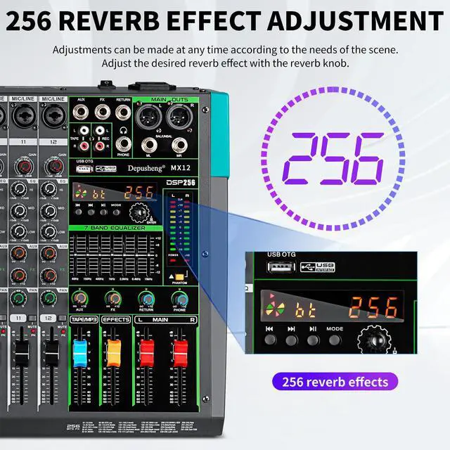 Alt view image 5 of 7 - MX12 12 Channel Sound Mixer Audio Mixing Console 48V 256DSP Professional USB PC Play Record Podcast Live Broadcast (US MX12)