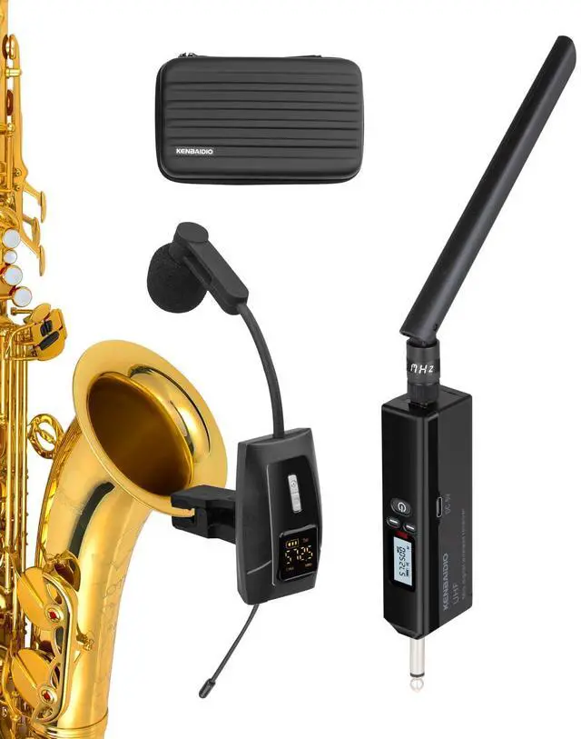 Main image of Saxophone Microphone, UHF Rechargeable Wireless Instruments Microphone System with Transmitter and Receiver 196ft Range, Clip on Condenser Mic for Trumpet, Trombone, Saxofon, Most Brass Instruments