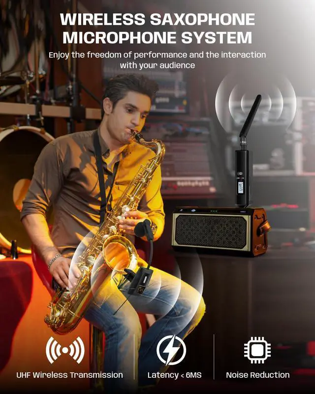 Alt view image 2 of 7 - Saxophone Microphone, UHF Rechargeable Wireless Instruments Microphone System with Transmitter and Receiver 196ft Range, Clip on Condenser Mic for Trumpet, Trombone, Saxofon, Most Brass Instruments