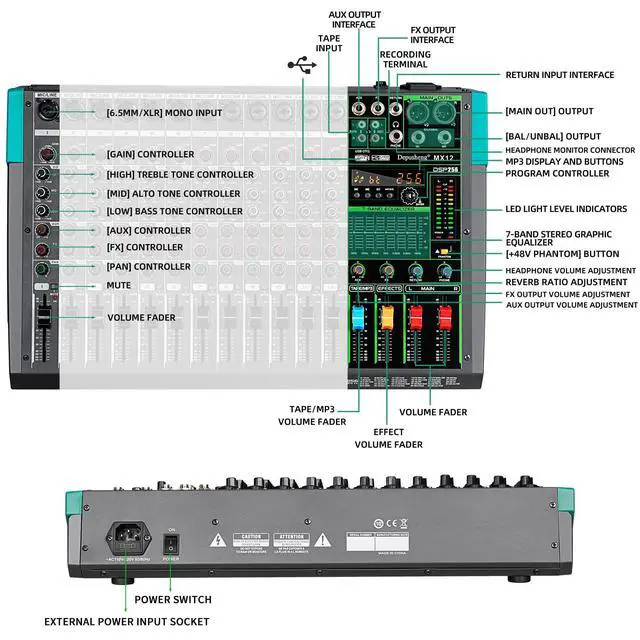 Alt view image 2 of 7 - MX12 12 Channel Sound Mixer Audio Mixing Console 48V 256DSP Professional USB PC Play Record Podcast Live Broadcast (US MX12)