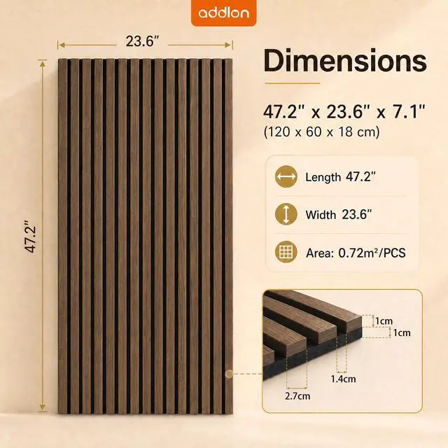 Alt view image 6 of 7 - Wood Slatwall Panels, 4 Pack 47.2"x23.6"/120x60cm Acoustic Wall Panels | Wood Slat Acoustic Panels for Noise Cancelling and Decoration, Living Room, Bedroom, Office, Walnut