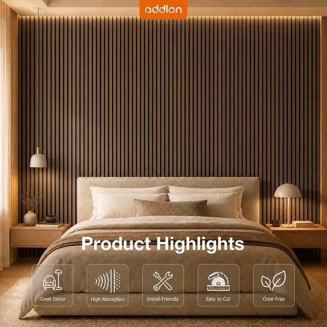 Alt view image 7 of 7 - Wood Slatwall Panels, 4 Pack 47.2"x23.6"/120x60cm Acoustic Wall Panels | Wood Slat Acoustic Panels for Noise Cancelling and Decoration, Living Room, Bedroom, Office, Walnut