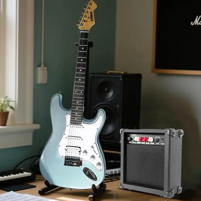 Alt view image 5 of 7 - Solid Body Electric Guitar Kit with Amp 20W, Strings, Strap, Digital Tuner, Picks, Gig Bag, Cable, Tremolo Bar, 39" Full Size Guitar HSS Pickups Guitarra Electrica Beginner Gift