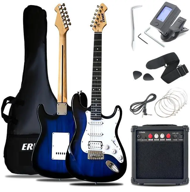 Main image of Solid Body Electric Guitar Kit with Amp 20W, Strings, Strap, Digital Tuner, Picks, Gig Bag, Cable, Tremolo Bar, 39" Full Size Guitar HSS Pickups Guitarra Electrica Beginner Gift - Blue