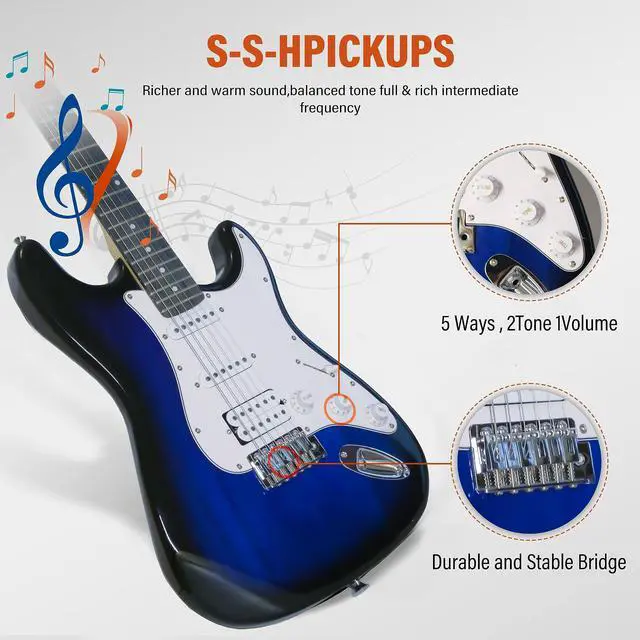 Alt view image 2 of 6 - Solid Body Electric Guitar Kit with Amp 20W, Strings, Strap, Digital Tuner, Picks, Gig Bag, Cable, Tremolo Bar, 39" Full Size Guitar HSS Pickups Guitarra Electrica Beginner Gift - Blue
