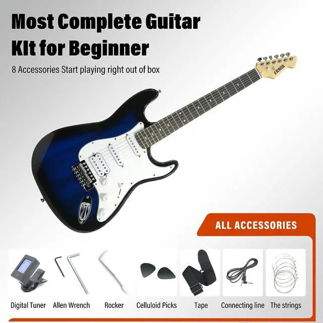 Alt view image 3 of 6 - Solid Body Electric Guitar Kit with Amp 20W, Strings, Strap, Digital Tuner, Picks, Gig Bag, Cable, Tremolo Bar, 39" Full Size Guitar HSS Pickups Guitarra Electrica Beginner Gift - Blue