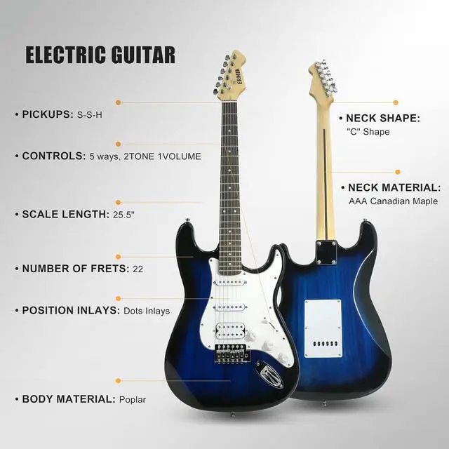 Alt view image 4 of 6 - Solid Body Electric Guitar Kit with Amp 20W, Strings, Strap, Digital Tuner, Picks, Gig Bag, Cable, Tremolo Bar, 39" Full Size Guitar HSS Pickups Guitarra Electrica Beginner Gift - Blue
