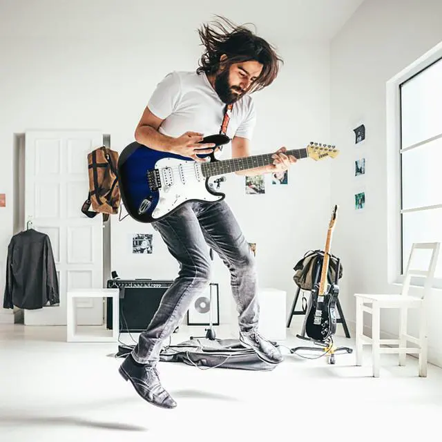 Alt view image 5 of 6 - Solid Body Electric Guitar Kit with Amp 20W, Strings, Strap, Digital Tuner, Picks, Gig Bag, Cable, Tremolo Bar, 39" Full Size Guitar HSS Pickups Guitarra Electrica Beginner Gift - Blue