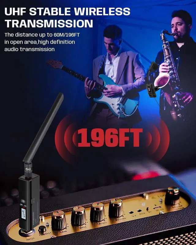 Alt view image 3 of 7 - Saxophone Microphone, UHF Rechargeable Wireless Instruments Microphone System with Transmitter and Receiver 196ft Range, Clip on Condenser Mic for Trumpet, Trombone, Saxofon, Most Brass Instruments