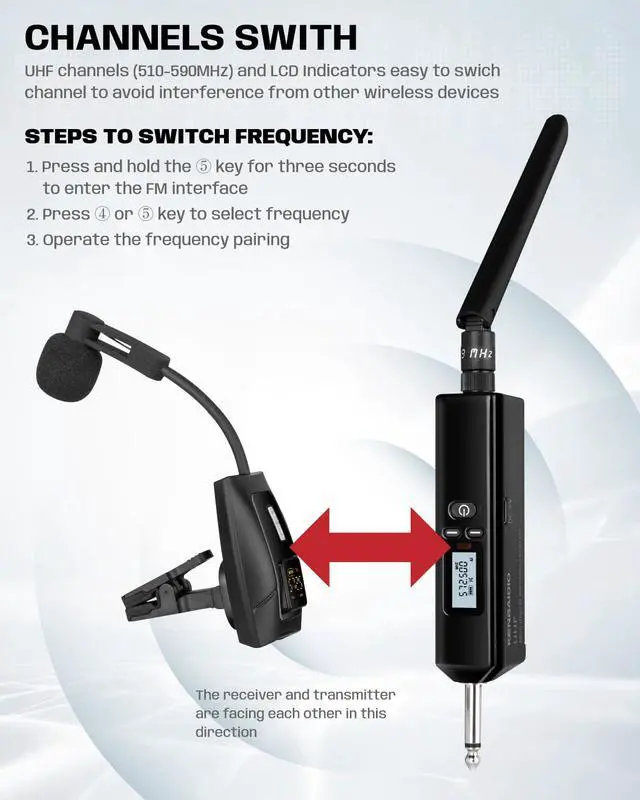 Alt view image 5 of 7 - Saxophone Microphone, UHF Rechargeable Wireless Instruments Microphone System with Transmitter and Receiver 196ft Range, Clip on Condenser Mic for Trumpet, Trombone, Saxofon, Most Brass Instruments