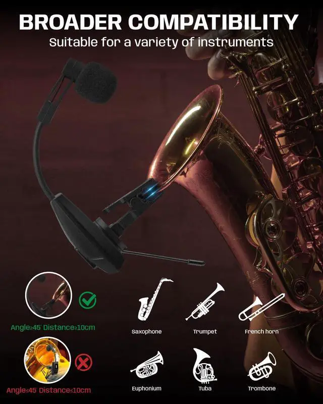 Alt view image 4 of 7 - Saxophone Microphone, UHF Rechargeable Wireless Instruments Microphone System with Transmitter and Receiver 196ft Range, Clip on Condenser Mic for Trumpet, Trombone, Saxofon, Most Brass Instruments