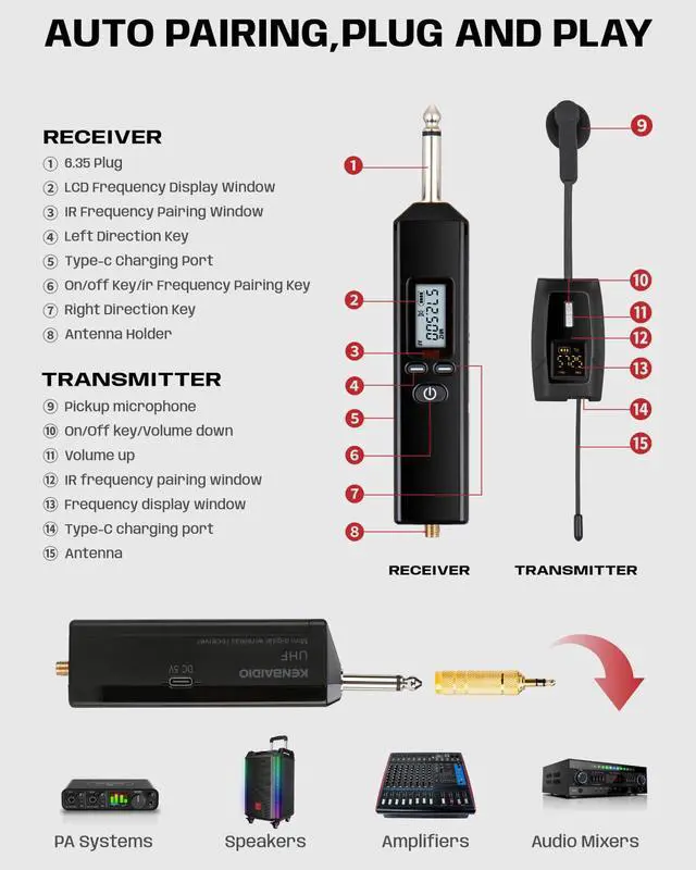 Alt view image 7 of 7 - Saxophone Microphone, UHF Rechargeable Wireless Instruments Microphone System with Transmitter and Receiver 196ft Range, Clip on Condenser Mic for Trumpet, Trombone, Saxofon, Most Brass Instruments