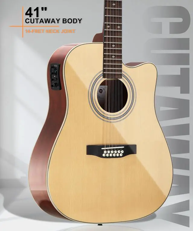 Alt view image 5 of 7 - 12-String Acoustic Electric Guitar: Mahogany Back and Sides with Spruce Top, 41-inch Cutaway Body, Built-in Pickup; Deluxe Set Includes Guitar Bag, Tuner, Cable, Capo, Strings & Picks (PL-NA)