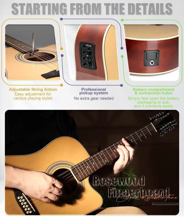 Alt view image 4 of 7 - 12-String Acoustic Electric Guitar: Mahogany Back and Sides with Spruce Top, 41-inch Cutaway Body, Built-in Pickup; Deluxe Set Includes Guitar Bag, Tuner, Cable, Capo, Strings & Picks (PL-NA)