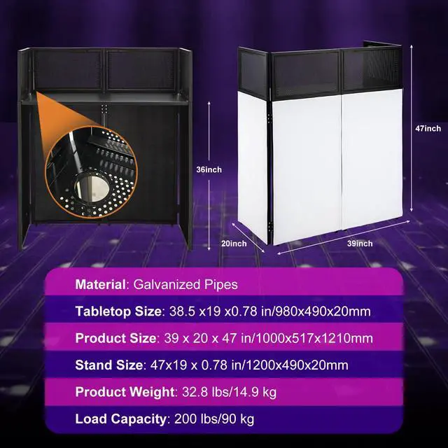 Alt view image 2 of 7 - Portable DJ Booth Facade Stand | Foldable DJ Table with 38.5"x19" Surface & Cable Hole | Includes Black/White Scrims & Carry Bag for Events, Parties, Mobile DJs (DJ Station, Event Facade)