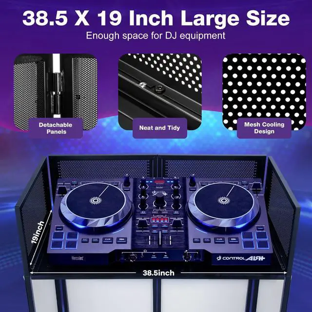Alt view image 4 of 7 - Portable DJ Booth Facade Stand | Foldable DJ Table with 38.5"x19" Surface & Cable Hole | Includes Black/White Scrims & Carry Bag for Events, Parties, Mobile DJs (DJ Station, Event Facade)