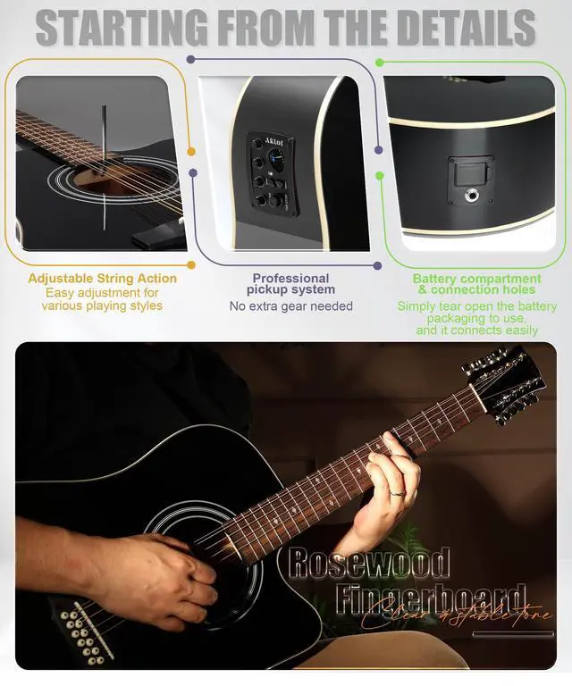 Alt view image 4 of 7 - 12-String Acoustic Electric Guitar: Mahogany Back and Sides with Spruce Top, 41-inch Cutaway Body, Built-in Pickup; Deluxe Set Includes Guitar Bag, Tuner, Cable, Capo, Strings & Picks (PL-NG)