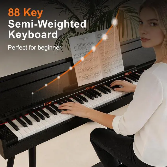 Alt view image 2 of 7 - 88 Key Full-Weighted Digital Piano - Wooden Upright Electric Keyboard with Progressive Hammer Action, 3-Pedal Unit, Stand & Headphone Jack for Beginner Adults (Black)