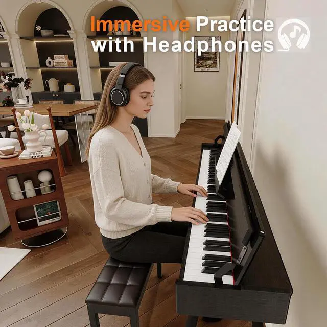 Alt view image 3 of 7 - 88 Key Full-Weighted Digital Piano - Wooden Upright Electric Keyboard with Progressive Hammer Action, 3-Pedal Unit, Stand & Headphone Jack for Beginner Adults (Black)