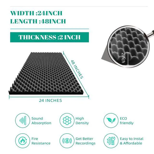 Alt view image 2 of 6 - 4 Pack 48" X 24" X 2" Sound Proof Foam Panels for Walls, High-Density Egg Crate Acoustic Foam for Noise Reduction & Echo Control in Home Studio, Recording Room, Office