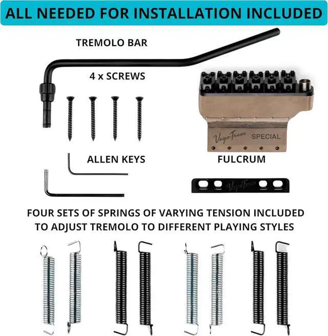 Alt view image 4 of 7 - VT1 Special Standard Tremolo Bridge for Strat-Style Guitars Drop-In 6-Screw No Mods Replacement, 2-Way Vibrato, Stable Tuning, Stainless Steel & Brass Block (Black)