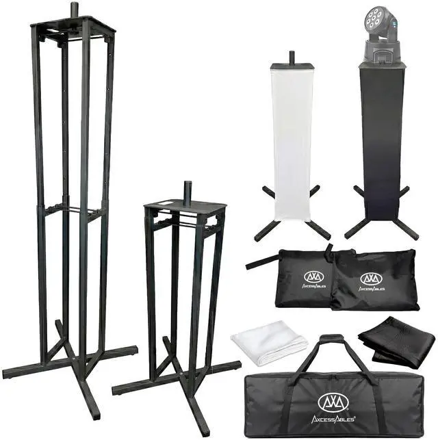 Main image of AxcessAble Two (2) Moving Head Light Black Stands with White/Black Scrims, Portable DJ Lighting Stands with Carrying Bag and EVA Pads Adjustable Height Up to 70.5" (2-Stand Pack)