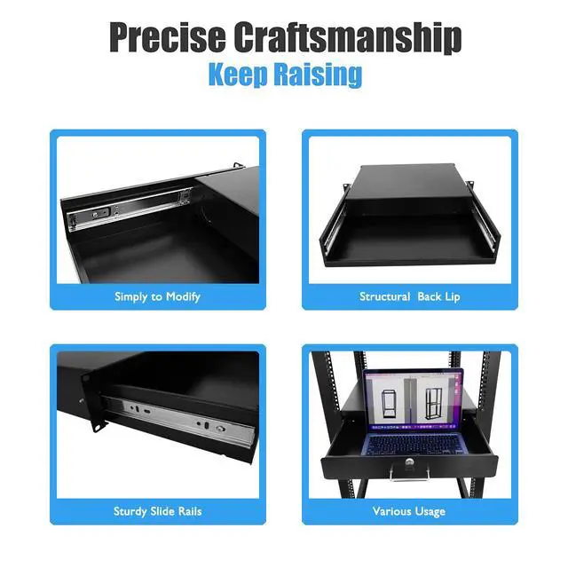 Alt view image 3 of 6 - 2U Rack Drawer Server Cabinet Case 19 Inch Rack Mount DJ Locking Rack Network Rack Deep Drawer with Key, with Rear Pass-Through Holes for Routing Cables(2U)