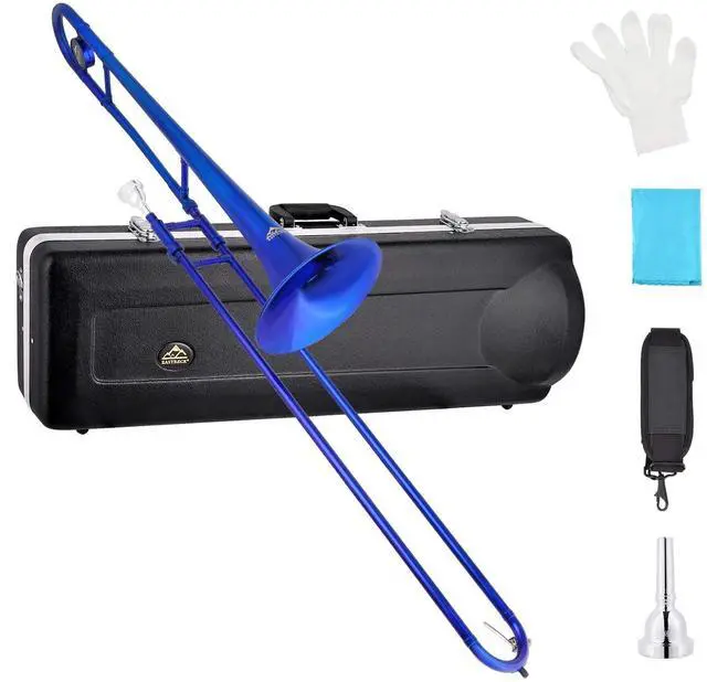 Main image of Bb Tenor Slide Trombone, B Flat Brass Plated Trombone Instrument for Beginners Students with Hard Case, with Mouthpiece, White Gloves (12.5mm/200 mm), Blue