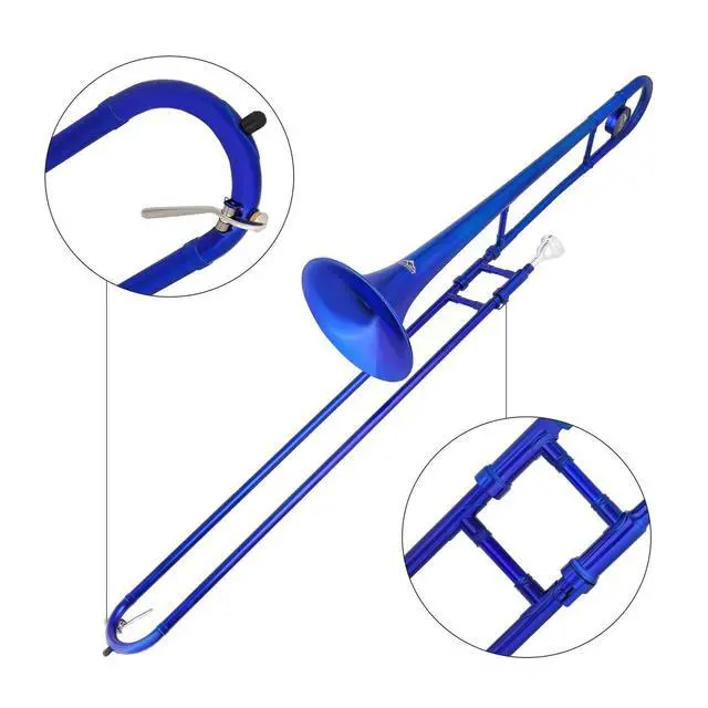 Alt view image 3 of 7 - Bb Tenor Slide Trombone, B Flat Brass Plated Trombone Instrument for Beginners Students with Hard Case, with Mouthpiece, White Gloves (12.5mm/200 mm), Blue