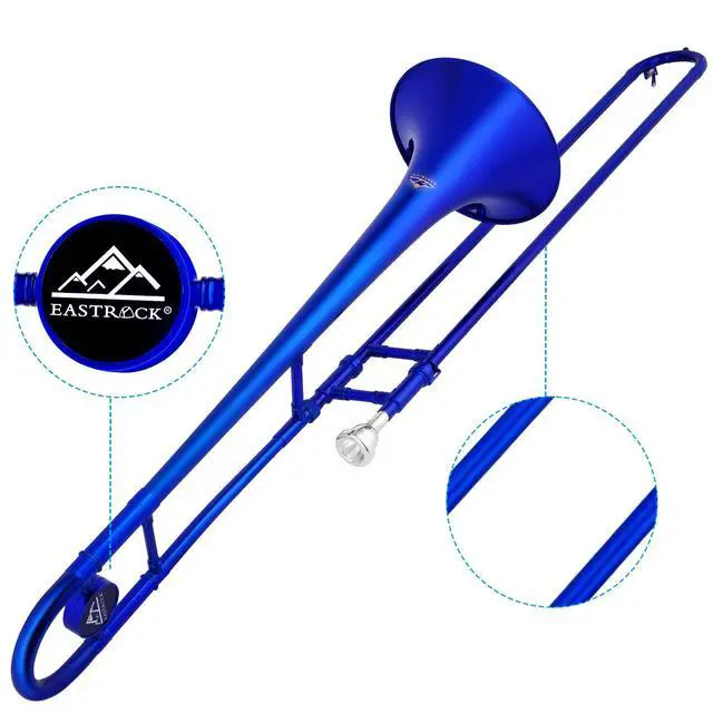 Alt view image 2 of 7 - Bb Tenor Slide Trombone, B Flat Brass Plated Trombone Instrument for Beginners Students with Hard Case, with Mouthpiece, White Gloves (12.5mm/200 mm), Blue