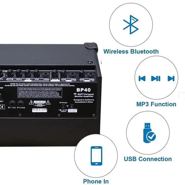 Alt view image 5 of 7 - Portable Acoustic Guitar Amplifier, for Performers On The Go, Built-in Bluetooth (40W Battery-Powered)