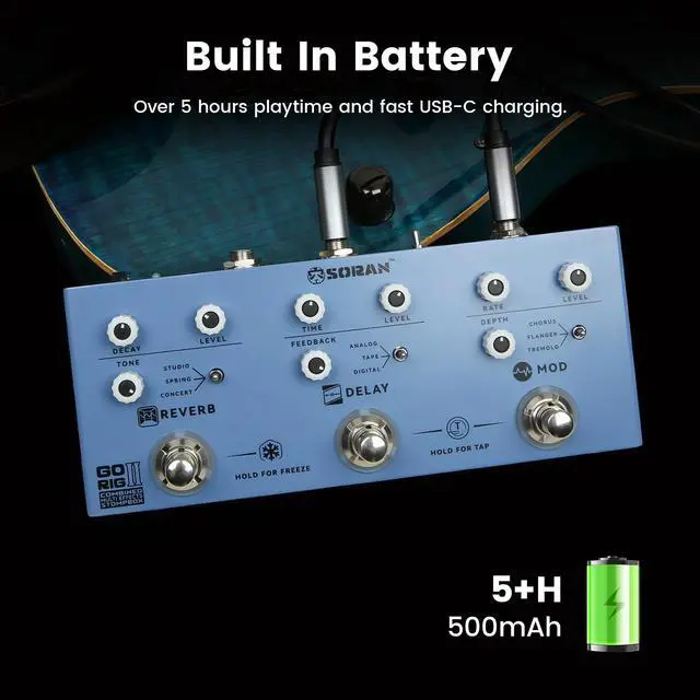 Alt view image 6 of 7 - Go Rig II Multi Effects Pedal, Electric Guitar Stompbox with 3 Mod (Tap Tempo), 3 Delay (Tap Tempo), 3 Reverb (Freeze), Tempo Sync, Stereo Out, 5+H USB-C Battery, Compact Metal Ambient Processor