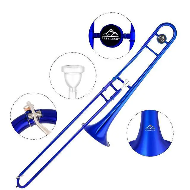 Alt view image 5 of 7 - Bb Tenor Slide Trombone, B Flat Brass Plated Trombone Instrument for Beginners Students with Hard Case, with Mouthpiece, White Gloves (12.5mm/200 mm), Blue