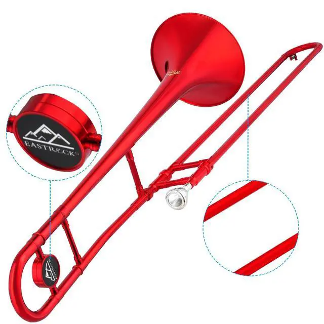 Alt view image 2 of 7 - Bb Tenor Slide Trombone Brass Musical Instrument with Hard Case,Mouthpiece,Gloves,Cleaning Cloth for Beginners Standard Bell(7.87"/200 mm),Red