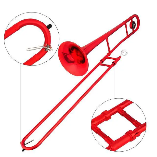 Alt view image 3 of 7 - Bb Tenor Slide Trombone Brass Musical Instrument with Hard Case,Mouthpiece,Gloves,Cleaning Cloth for Beginners Standard Bell(7.87"/200 mm),Red