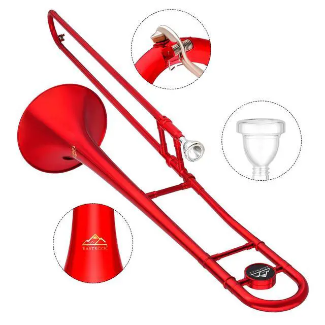 Alt view image 5 of 7 - Bb Tenor Slide Trombone Brass Musical Instrument with Hard Case,Mouthpiece,Gloves,Cleaning Cloth for Beginners Standard Bell(7.87"/200 mm),Red