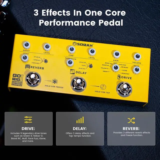Alt view image 2 of 7 - Go Rig I Multi Effects Pedal, Electric Guitar Multi-effects Stompbox with 9 Drive, 3 Delay (Tap Tempo), 3 Reverb (Freeze), Noise Gate, Stereo Output, 5+ Hours USB-C Battery, Compact Metal