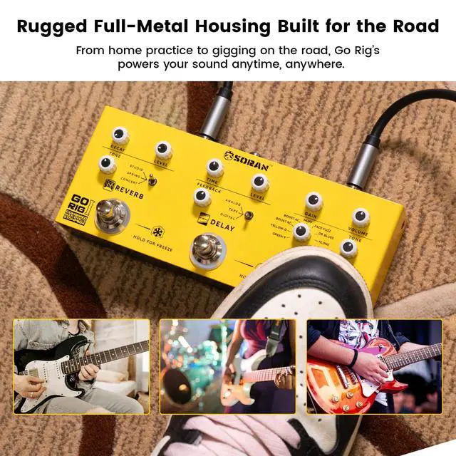 Alt view image 3 of 7 - Go Rig I Multi Effects Pedal, Electric Guitar Multi-effects Stompbox with 9 Drive, 3 Delay (Tap Tempo), 3 Reverb (Freeze), Noise Gate, Stereo Output, 5+ Hours USB-C Battery, Compact Metal
