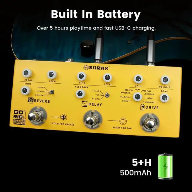 Alt view image 6 of 7 - Go Rig I Multi Effects Pedal, Electric Guitar Multi-effects Stompbox with 9 Drive, 3 Delay (Tap Tempo), 3 Reverb (Freeze), Noise Gate, Stereo Output, 5+ Hours USB-C Battery, Compact Metal