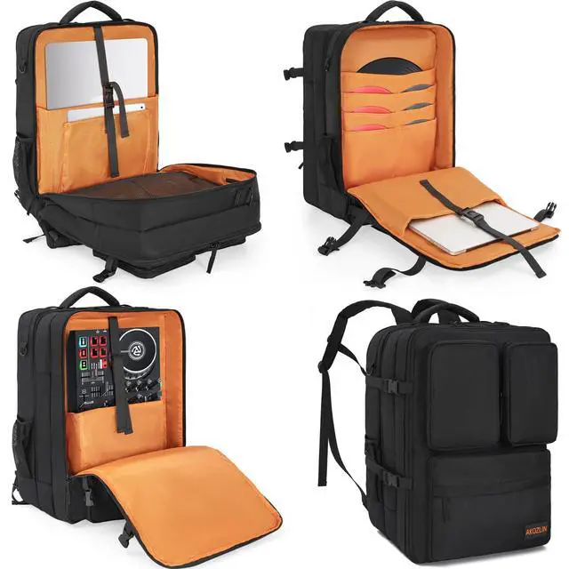 Alt view image 3 of 7 - DJ Mixer Travel Backpack 15"x9.8"x21.6" For Controller DJ Multi-Pockets With USB Port For Two Equipments,Laptop,Vinyl Records,Cables Accessories